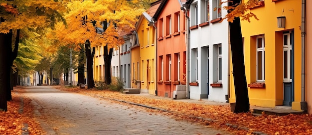 case colorate in fila su una strada autunnale