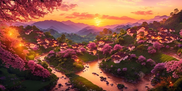 Case con alberi in fiore e un fiume nelle montagne all'alba del tramonto