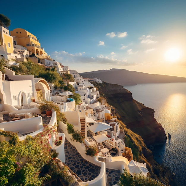 Case della magia del tramonto Viste sulla scogliera di Santorini sull'isola greca