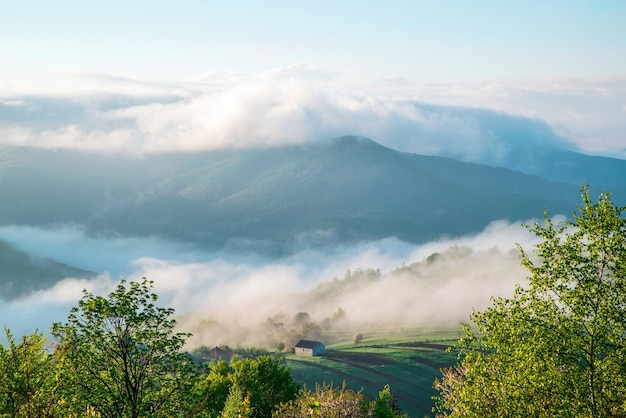 Case di campagna su una collina in montagna nella nebbia all'alba Bellissimo paesaggio