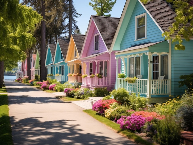 case di colori vivaci fiancheggiano un marciapiede in un quartiere residenziale generativo ai