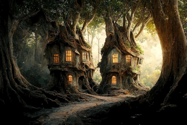 Case di fantasia nel villaggio surreale da favola della foresta in tronchi di alberi IA generativa