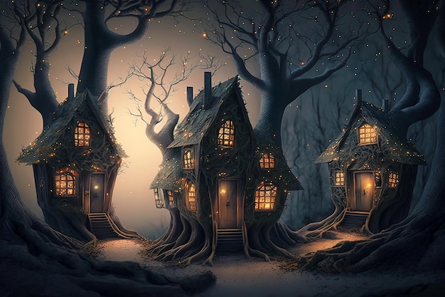 Case di fantasia nella foresta magica di notte abitazione da favola i