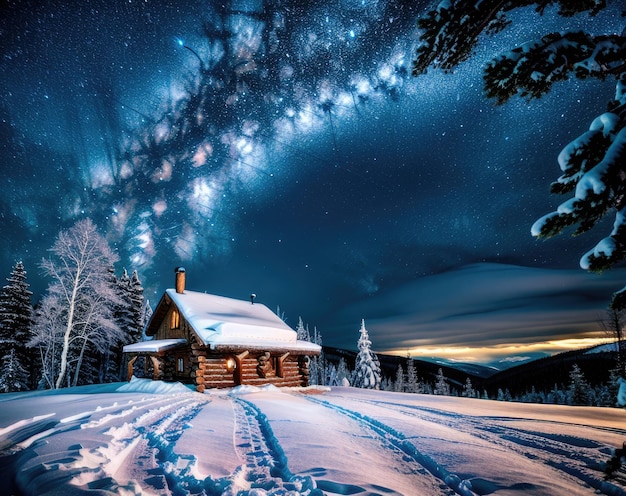 Case di legno di Natale della Via Lattea di notte