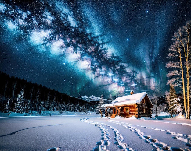 Case di legno di Natale della Via Lattea di notte