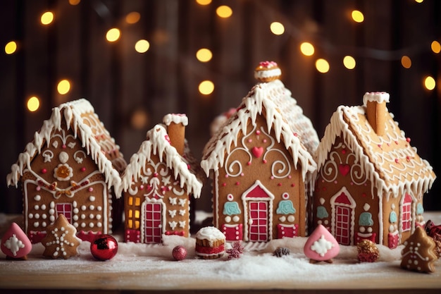 Case di pan di zenzero nella neve con decorazioni natalizie, illustrazione generata dall'AI