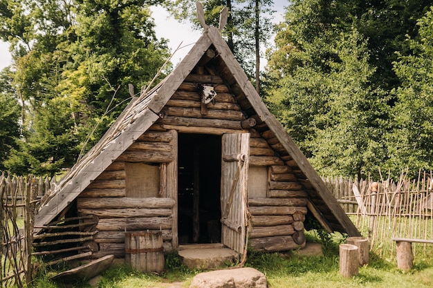 Case di tronchi triangolari con tetti in legno dietro una recinzione Montenegro nord