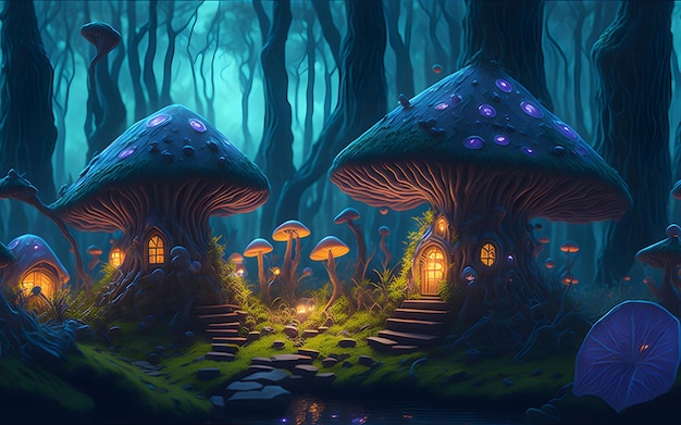 Case fatate nella foresta di fantasia con funghi incandescenti Opera d'arte digitale ai generativa