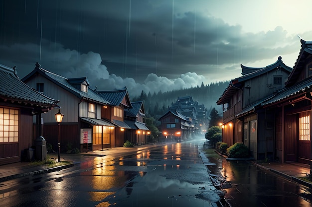 Case in legno in stile cinese su entrambi i lati delle luci di strada e sta piovendo nel cielo
