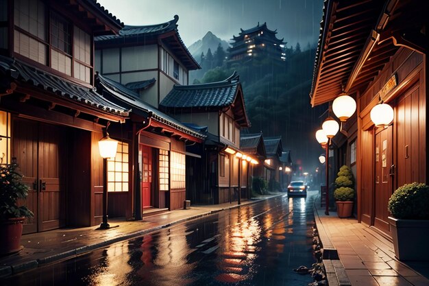 Case in legno in stile cinese su entrambi i lati delle luci di strada e sta piovendo nel cielo