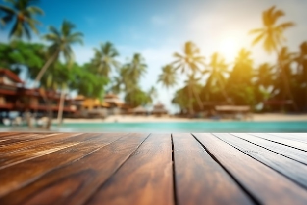 Case in legno sul mare con spiaggia tropicale sfocata e cielo blu create con strumenti generativi di IA