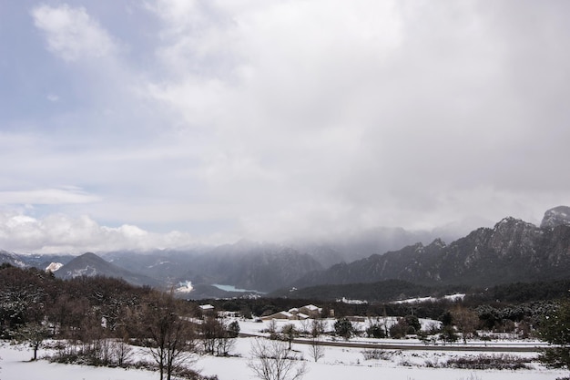 Case in lontananza coperte di neve in un paesaggio completamente nevoso e nebbioso