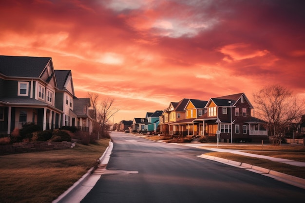 Case in un quartiere residenziale con drammatici cieli colorati al tramonto Illustration AI GenerativexA