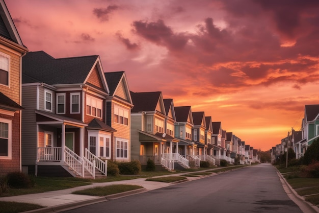 Case in un quartiere residenziale con drammatici cieli colorati al tramonto Illustration AI GenerativexA