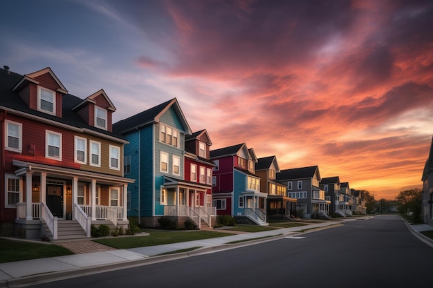 Case in un quartiere residenziale con drammatici cieli colorati al tramonto Illustration AI GenerativexA