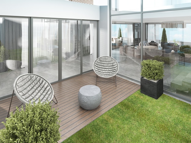 Case nel cortile in stile contemporaneo con due sedie moderne. Rendering 3D