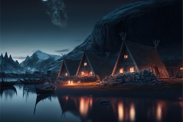 case vichinghe in un paesaggio vichingo sull'acqua con l'aurora boreale nell'oscurità