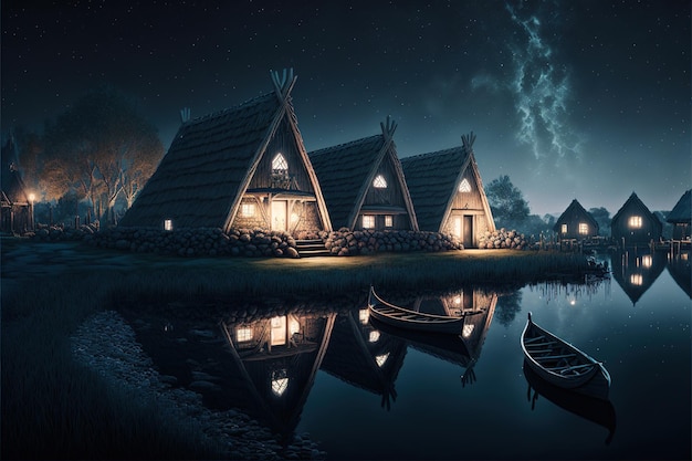 case vichinghe in un paesaggio vichingo sull'acqua con l'aurora boreale nell'oscurità