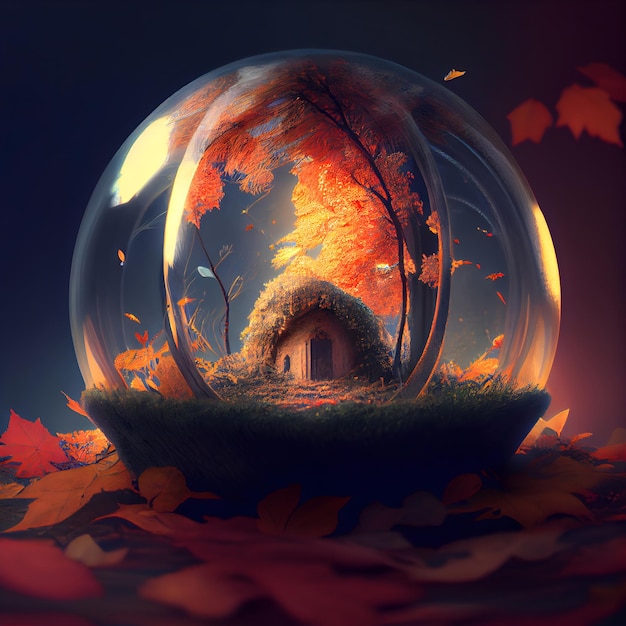 Casetta all'interno di una sfera di cristallo con foglie autunnali sullo sfondo