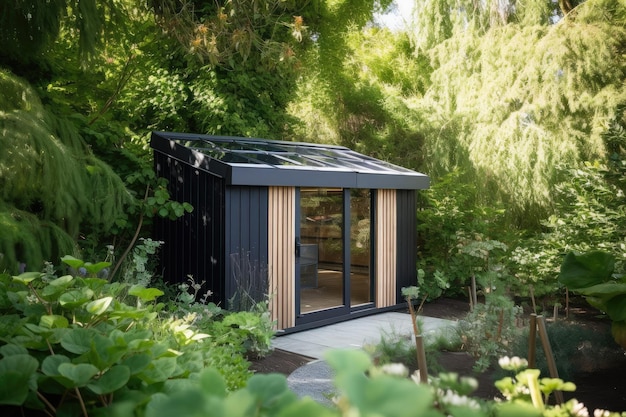 Casetta da giardino moderna con un design elegante e minimalista e pannelli solari per l'energia rinnovabile