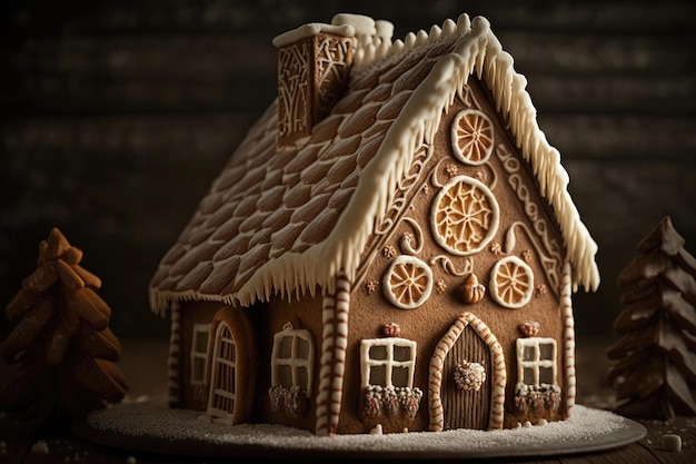 Casetta di marzapane perfetta per le festività natalizie La casa è adornata con bastoncini di zucchero, caramelle gommose e altre prelibatezze AI generativa