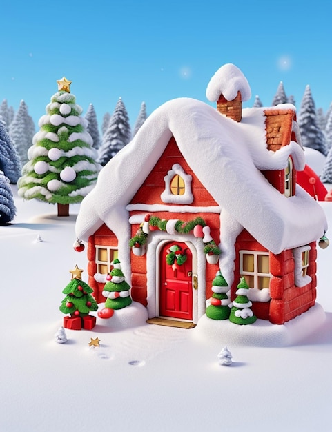 Casetta di Natale 3D sul bellissimo sfondo