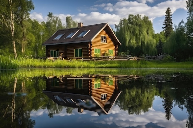 Casetta in legno circondata da un tranquillo laghetto con riflessi del cielo e degli alberi