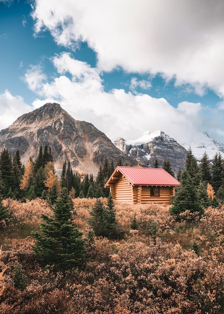 Casetta in legno con montagna rocciosa nella foresta autunnale al parco nazionale di Assiniboine