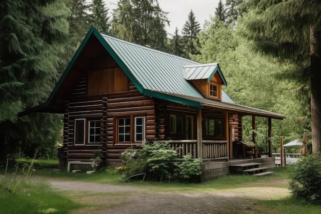 Casetta in legno con portico avvolgente circondato da alberi e vegetazione