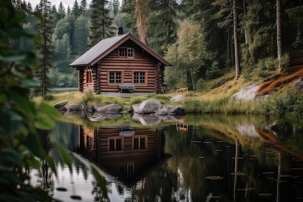 Casetta in legno con vista lago immersa nella natura