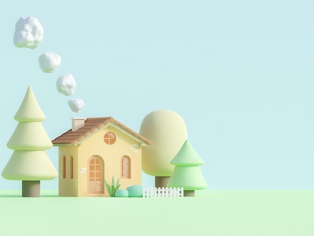 casetta in stile cartone animato in rendering 3d a colori pastello