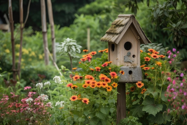 Casetta per uccelli circondata da una vegetazione lussureggiante con fiori che sbocciano nelle vicinanze creata con intelligenza artificiale generativa