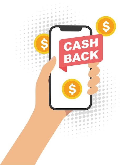 Cashback con l'icona dello smartphone in mano in stile piatto
