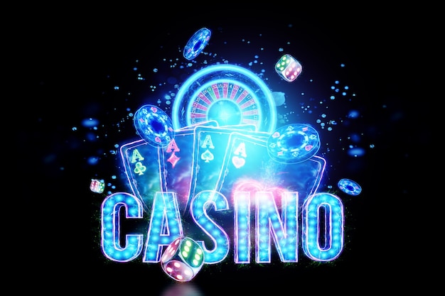 Casinò di lettere di sfondo creativo, carte da gioco al neon, roulette, dadi su uno sfondo scuro. Concetto per gioco d'azzardo, poker, volantino, intestazione per il sito. Illustrazione 3D, rendering 3D.