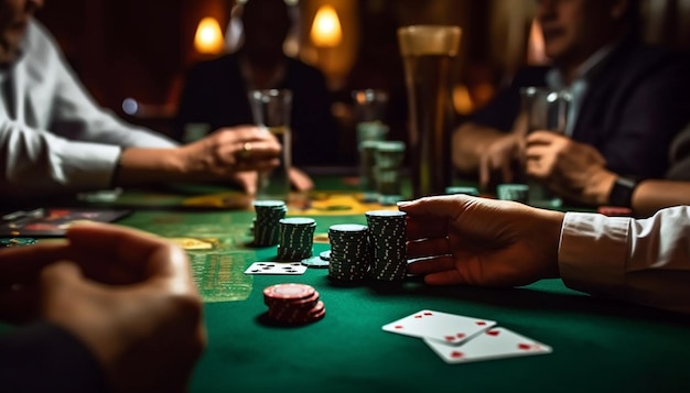 Casino gioco d'azzardo poker persone e concetto di intrattenimento primo piano del giocatore di poker con carte da gioco