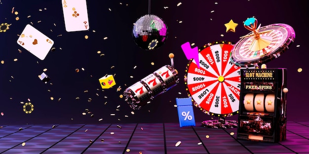 Casinò online 3D realistica roulette e slot machine su nero con sfondo neon 777 Grande vincita