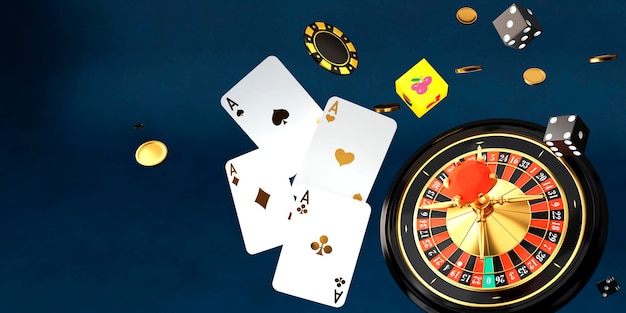 Casino online 3d render ruota della roulette assi giocare a carte chip e giocare a dadi su sfondo blu concetto di gioco d'azzardo rendering 3d illustrationx9