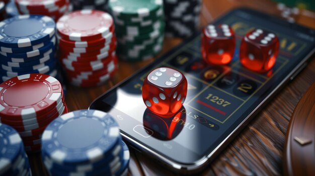 Casino online Uno smartphone con carte da gioco roulette e dadi chip Il concetto di gioco d'azzardo online