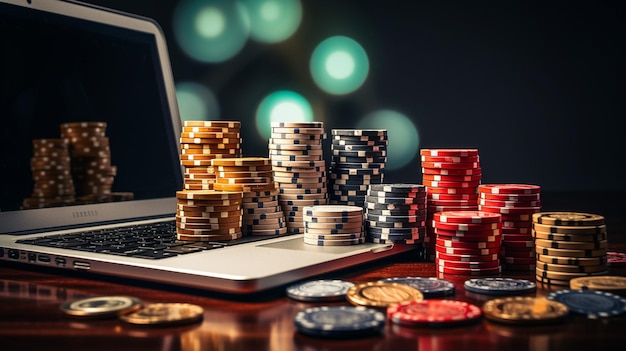 Casinò virtuale Gioco d'azzardo online Laptop con dadi e fiches 3D Foto di alta qualità