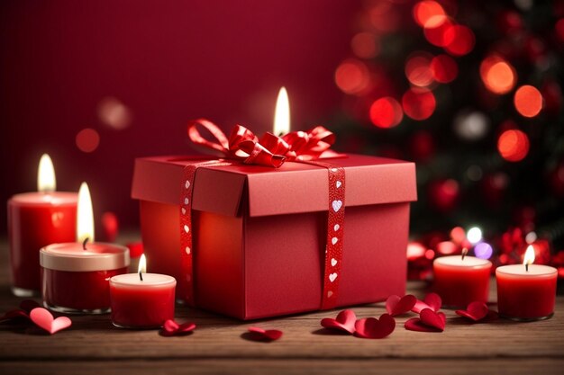 Cassa regalo per il giorno di San Valentino con decorazioni a cuore su sfondo rosso con cioccolatini e candele