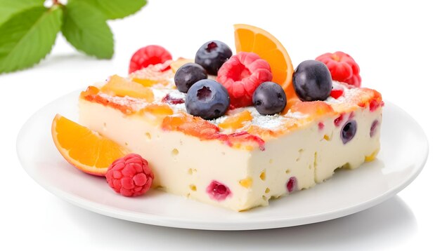 Casserola di formaggio dolce con frutta in un piatto isolato su sfondo bianco