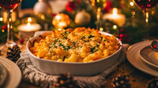 Casserola di maccheroni e formaggio al forno contro una tavola festiva