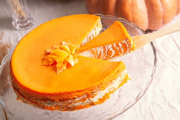Casseruola di ricotta e zucca fatta in casa con semi di papavero e arancia e pezzo tagliato e zucche