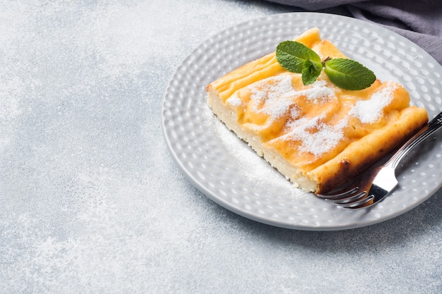 Casseruola di ricotta su un piatto con zucchero a velo e foglie di menta. Messa a fuoco selettiva copyspace