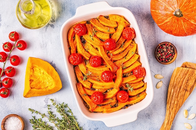 Casseruola di zucca con carne, riso, pomodori, vista dall'alto.