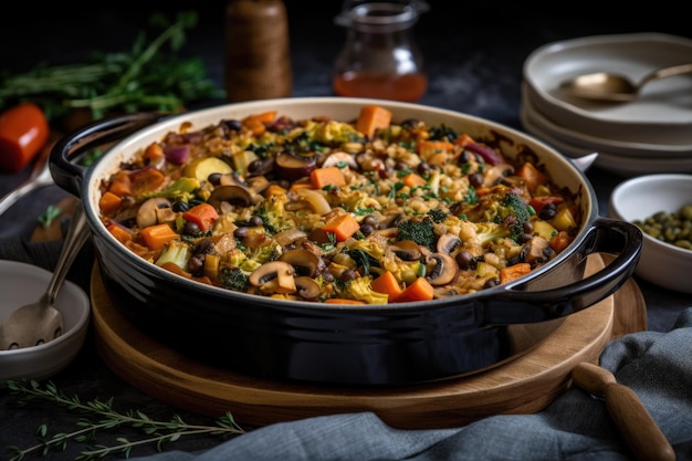 Casseruola vegetale e vegana ricca di verdure e legumi creata con l'IA generativa