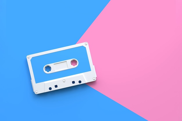 Cassetta audio vintage su uno sfondo blu-rosa Vista superiore con spazio di copia Illustrazione di rendering 3D