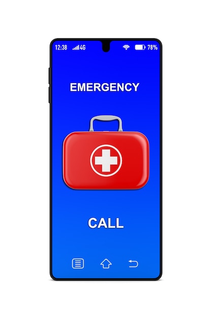 Cassetta di pronto soccorso e telefono su sfondo bianco. Illustrazione 3D isolata