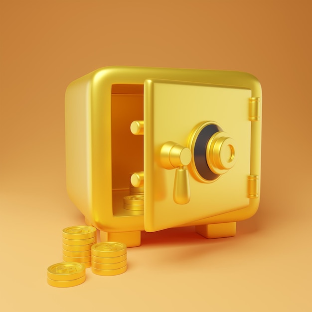 cassetta di sicurezza dorata e cassetta di sicurezza con sfondo giallo moneta d'oro 3d rendering