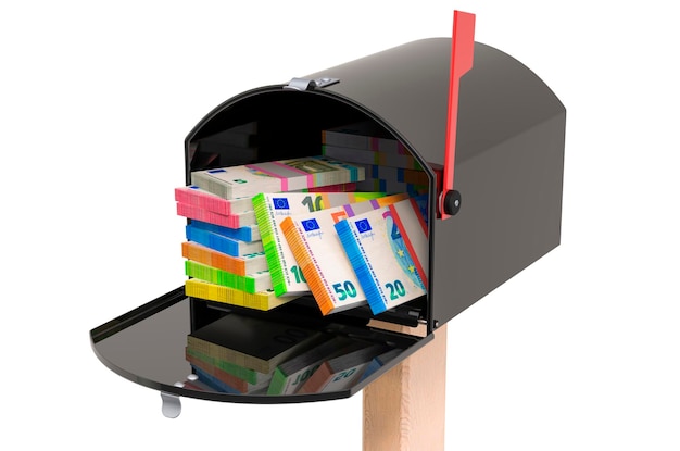 Cassetta postale con pacchetti euro rendering 3D